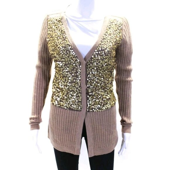 Nanette Lepore Merino Wool Sequined Snap Closure Cardigan Sweater Brown Medium - Picture 2 of 7